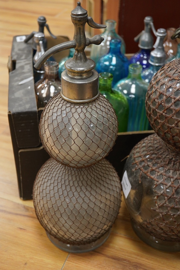 An Edwardian Standard English Seltzogenes double gourd Soda Syphon, one other and a collection of coloured glass bottles. Condition - varies